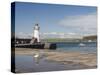 Lighthouse at Entrance to Outer Harbour, Motor Yacht Entering, Whitehaven, Cumbria, England, UK-James Emmerson-Stretched Canvas