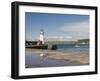 Lighthouse at Entrance to Outer Harbour, Motor Yacht Entering, Whitehaven, Cumbria, England, UK-James Emmerson-Framed Photographic Print