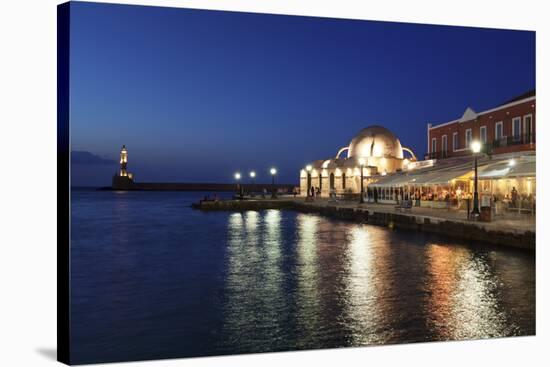 Lighthouse at Venetian Port and Turkish Mosque Hassan Pascha at Night, Chania, Crete-Markus Lange-Stretched Canvas