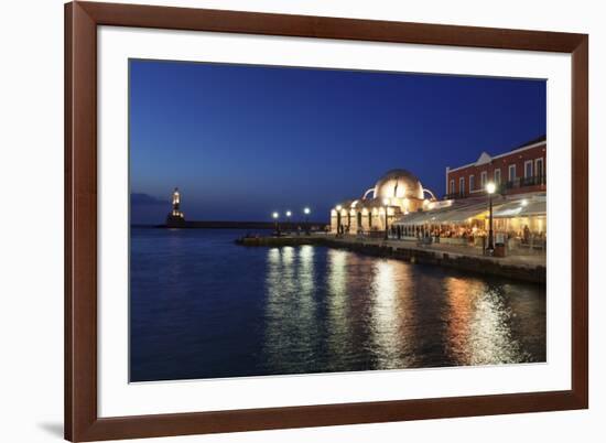 Lighthouse at Venetian Port and Turkish Mosque Hassan Pascha at Night, Chania, Crete-Markus Lange-Framed Photographic Print