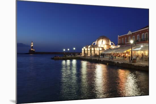 Lighthouse at Venetian Port and Turkish Mosque Hassan Pascha at Night, Chania, Crete-Markus Lange-Mounted Photographic Print