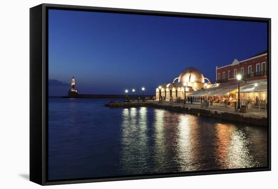 Lighthouse at Venetian Port and Turkish Mosque Hassan Pascha at Night, Chania, Crete-Markus Lange-Framed Stretched Canvas