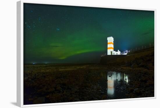 Lighthouse In Iceland With The Northern Lights Swrapping Around-Joe Azure-Framed Photographic Print