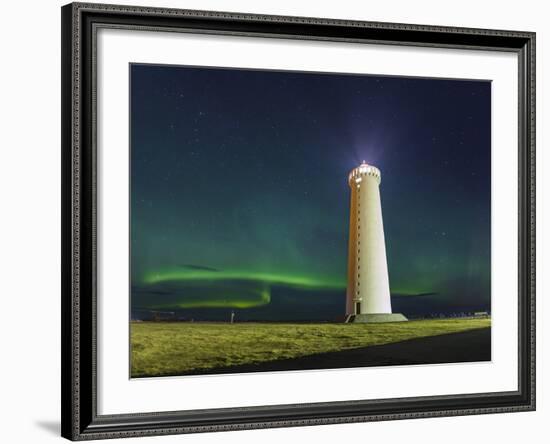 Lighthouse In Iceland With The Northern Lights Swrapping Around-Joe Azure-Framed Photographic Print