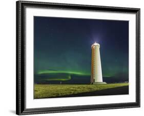 Lighthouse In Iceland With The Northern Lights Swrapping Around-Joe Azure-Framed Photographic Print