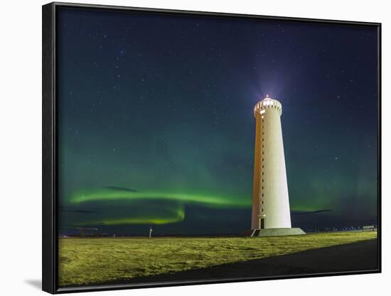 Lighthouse In Iceland With The Northern Lights Swrapping Around-Joe Azure-Framed Photographic Print