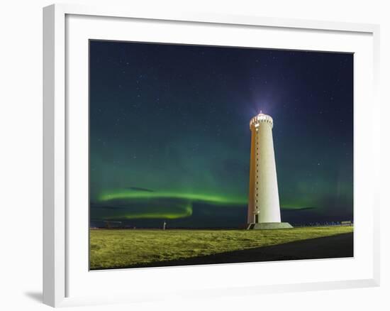 Lighthouse In Iceland With The Northern Lights Swrapping Around-Joe Azure-Framed Photographic Print