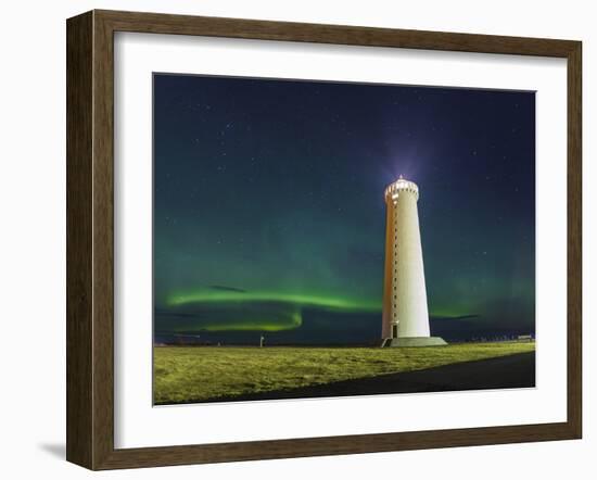 Lighthouse In Iceland With The Northern Lights Swrapping Around-Joe Azure-Framed Photographic Print