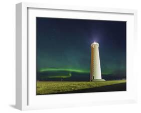 Lighthouse In Iceland With The Northern Lights Swrapping Around-Joe Azure-Framed Photographic Print