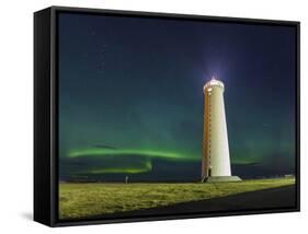 Lighthouse In Iceland With The Northern Lights Swrapping Around-Joe Azure-Framed Stretched Canvas