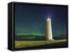 Lighthouse In Iceland With The Northern Lights Swrapping Around-Joe Azure-Framed Stretched Canvas