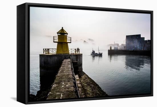 Lighthouse in Reykjavik Harbor, Harpa in Background, Reykjavik Harbor, Iceland-null-Framed Stretched Canvas