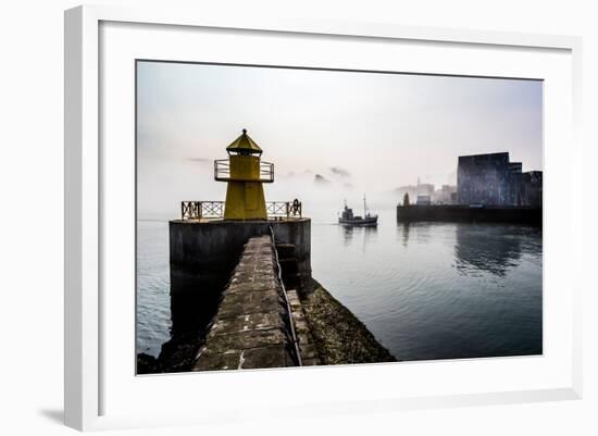 Lighthouse in Reykjavik Harbor, Harpa in Background, Reykjavik Harbor, Iceland-null-Framed Photographic Print