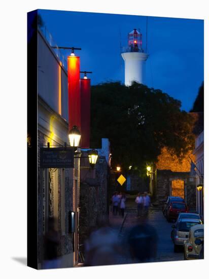 Lighthouse Lit Up at Dusk, Colonia Del Sacramento, Uruguay-null-Stretched Canvas