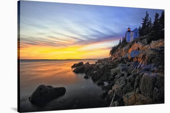 Lighthouse on a Cliff at Sunset, Bass Harbor, ME-George Oze-Stretched Canvas