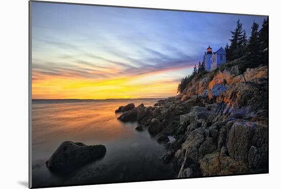 Lighthouse on a Cliff at Sunset, Bass Harbor, ME-George Oze-Mounted Photographic Print