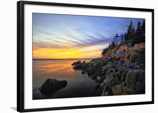 Lighthouse on a Cliff at Sunset, Bass Harbor, ME-George Oze-Framed Photographic Print