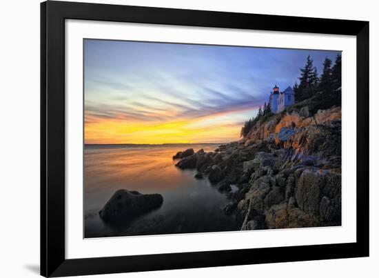 Lighthouse on a Cliff at Sunset, Bass Harbor, ME-George Oze-Framed Photographic Print