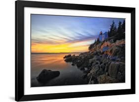 Lighthouse on a Cliff at Sunset, Bass Harbor, ME-George Oze-Framed Photographic Print