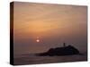 Lighthouse on Rock in the Sea at Sunset at Godrevy Point, Cornwall, England, United Kingdom, Europe-Rainford Roy-Stretched Canvas