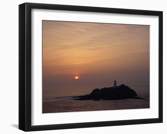 Lighthouse on Rock in the Sea at Sunset at Godrevy Point, Cornwall, England, United Kingdom, Europe-Rainford Roy-Framed Photographic Print