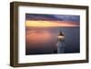 Lighthouse on the Mountain Peak at Colorful Sunset in Summer. Aerial View. Beautiful Lighthouse, Li-den-belitsky-Framed Photographic Print