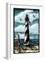 Lighthouse - Scratchboard-Lantern Press-Framed Art Print