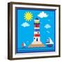 Lighthouse,Sea,Yacht,Landscape,Vector,Cartoon,Illustration-Svetlana Peskin-Framed Art Print