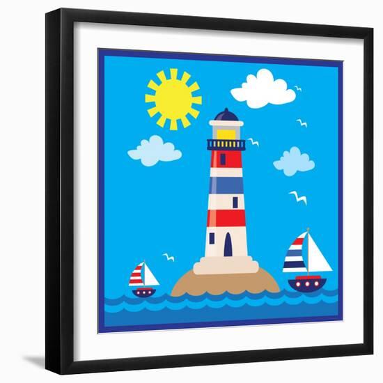 Lighthouse,Sea,Yacht,Landscape,Vector,Cartoon,Illustration-Svetlana Peskin-Framed Art Print