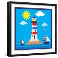 Lighthouse,Sea,Yacht,Landscape,Vector,Cartoon,Illustration-Svetlana Peskin-Framed Art Print