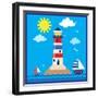 Lighthouse,Sea,Yacht,Landscape,Vector,Cartoon,Illustration-Svetlana Peskin-Framed Art Print