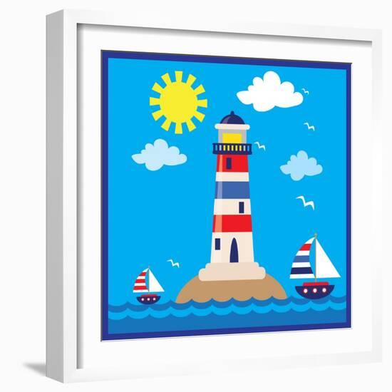 Lighthouse,Sea,Yacht,Landscape,Vector,Cartoon,Illustration-Svetlana Peskin-Framed Art Print