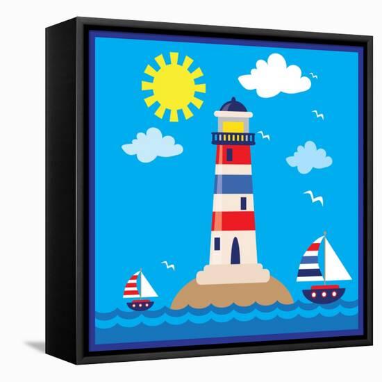 Lighthouse,Sea,Yacht,Landscape,Vector,Cartoon,Illustration-Svetlana Peskin-Framed Stretched Canvas