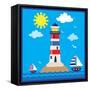 Lighthouse,Sea,Yacht,Landscape,Vector,Cartoon,Illustration-Svetlana Peskin-Framed Stretched Canvas