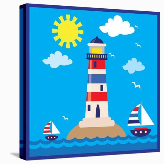 Lighthouse,Sea,Yacht,Landscape,Vector,Cartoon,Illustration-Svetlana Peskin-Stretched Canvas