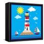 Lighthouse,Sea,Yacht,Landscape,Vector,Cartoon,Illustration-Svetlana Peskin-Framed Stretched Canvas