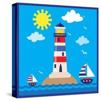 Lighthouse,Sea,Yacht,Landscape,Vector,Cartoon,Illustration-Svetlana Peskin-Stretched Canvas