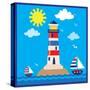 Lighthouse,Sea,Yacht,Landscape,Vector,Cartoon,Illustration-Svetlana Peskin-Stretched Canvas