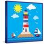 Lighthouse,Sea,Yacht,Landscape,Vector,Cartoon,Illustration-Svetlana Peskin-Stretched Canvas