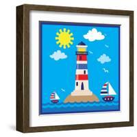 Lighthouse,Sea,Yacht,Landscape,Vector,Cartoon,Illustration-Svetlana Peskin-Framed Art Print