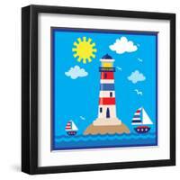 Lighthouse,Sea,Yacht,Landscape,Vector,Cartoon,Illustration-Svetlana Peskin-Framed Art Print