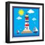 Lighthouse,Sea,Yacht,Landscape,Vector,Cartoon,Illustration-Svetlana Peskin-Framed Art Print