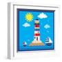 Lighthouse,Sea,Yacht,Landscape,Vector,Cartoon,Illustration-Svetlana Peskin-Framed Art Print