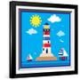 Lighthouse,Sea,Yacht,Landscape,Vector,Cartoon,Illustration-Svetlana Peskin-Framed Art Print