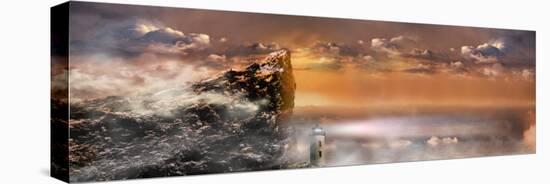 Lighthouse under Huge Rock Cliff with Storm Clouds-null-Stretched Canvas