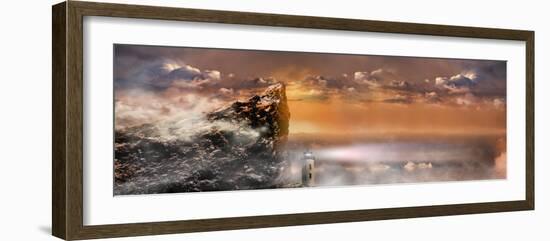 Lighthouse under Huge Rock Cliff with Storm Clouds-null-Framed Photographic Print