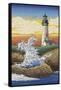 Lighthouse - Woodblock Print-Lantern Press-Framed Stretched Canvas