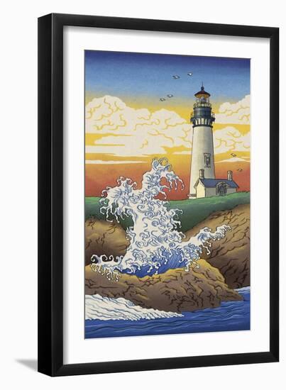 Lighthouse - Woodblock Print-Lantern Press-Framed Art Print