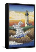 Lighthouse - Woodblock Print-Lantern Press-Framed Stretched Canvas