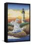 Lighthouse - Woodblock Print-Lantern Press-Framed Stretched Canvas